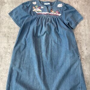 Go Softly Patio House Dress Lounge Denim Pockets Cat Embroidered Vintage M